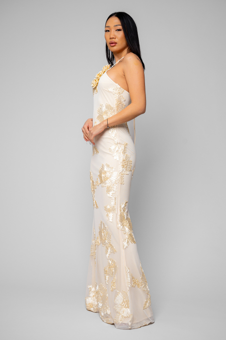 Rochie lunga stramta cu broderie Cream [2]