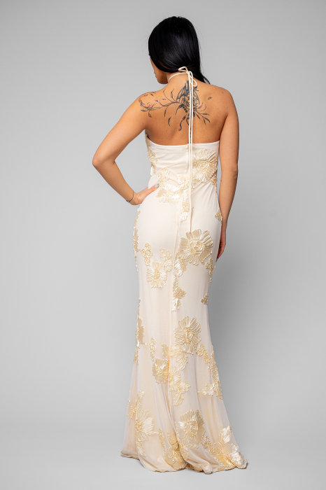 Rochie lunga stramta cu broderie Cream [3]