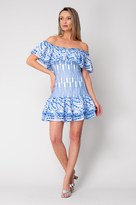 Short off-shoulder dress 100% Cotton Off White/Blue [6]