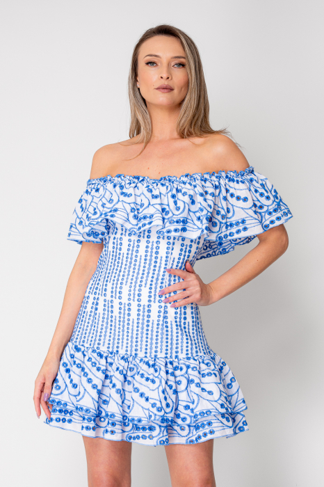 Short off-shoulder dress 100% Cotton Off White/Blue [2]