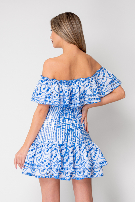 Short off-shoulder dress 100% Cotton Off White/Blue [3]