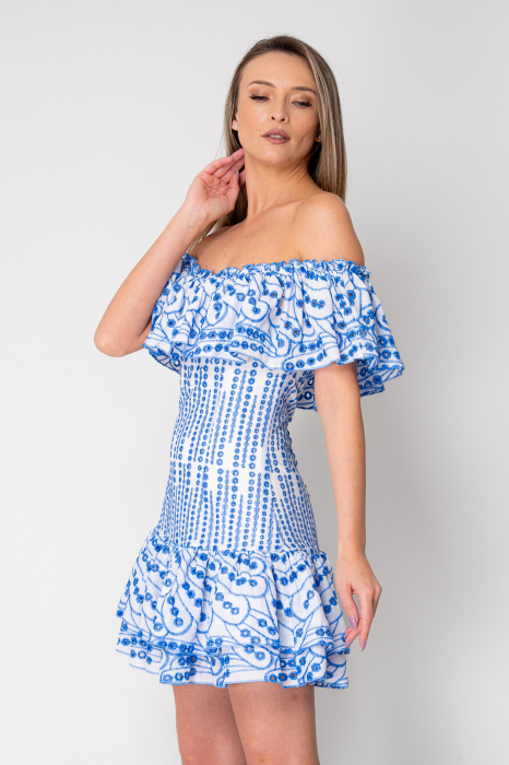 Short off-shoulder dress 100% Cotton Off White/Blue [4]