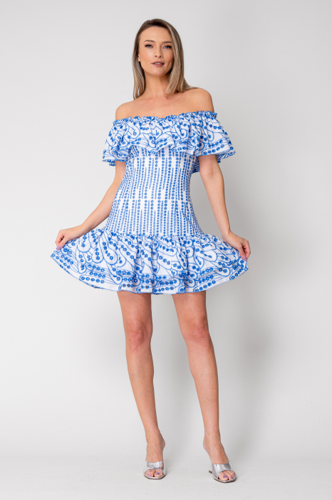 Short off-shoulder dress 100% Cotton Off White/Blue [1]