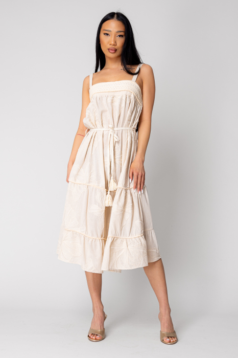 Long dress with straps and embroidery Beige [2]