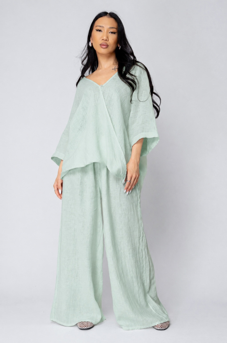 Asymmetrical Blouse and Long Pants Set 100% linen Light Olive [2]