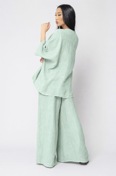 Asymmetrical Blouse and Long Pants Set 100% linen Light Olive [4]