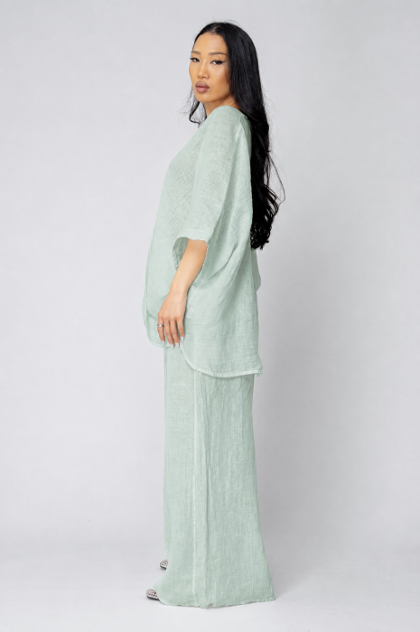 Asymmetrical Blouse and Long Pants Set 100% linen Light Olive [3]