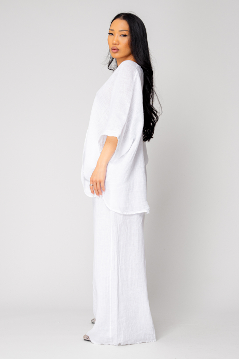Asymmetrical Blouse and Long Pants Set 100% linen White [2]