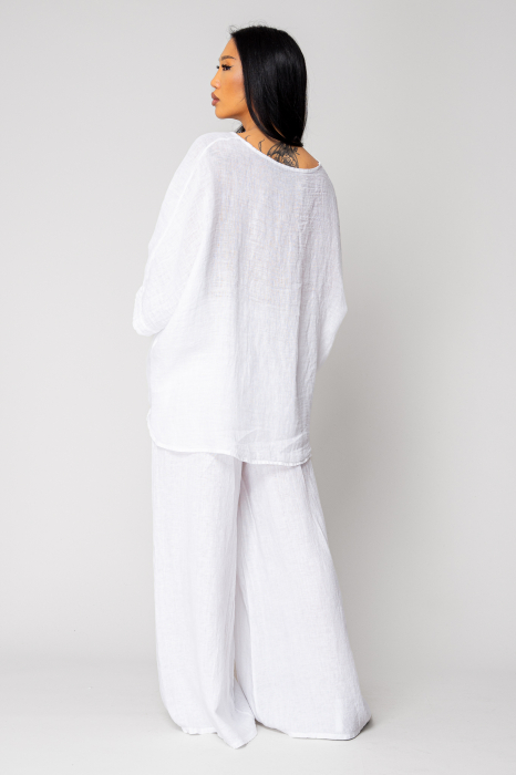 Asymmetrical Blouse and Long Pants Set 100% linen White [3]
