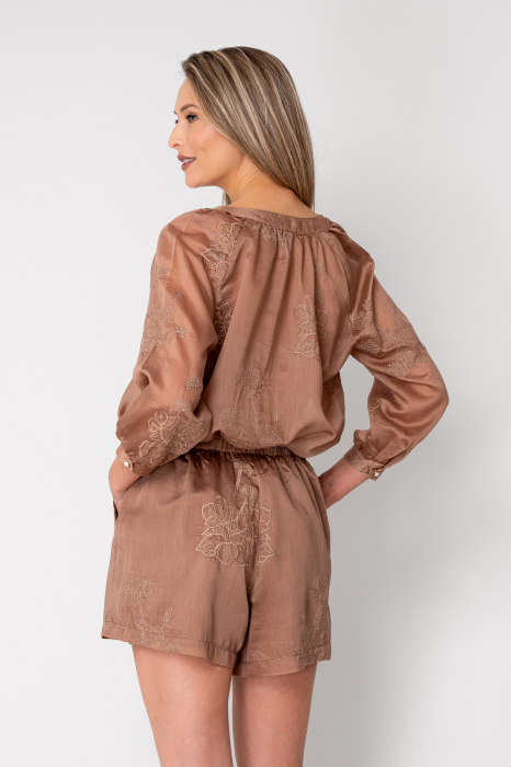 Set bluza si pantalon scurt cu broderie Brown [3]