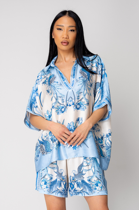 Set Shells bluza si pantalon scurt din mix matase Off White/Blue [3]