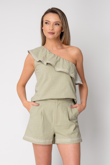 One-shoulder top and short pants set Olive [4]