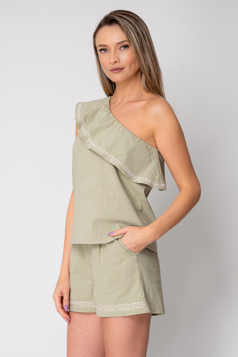 One-shoulder top and short pants set Olive [2]