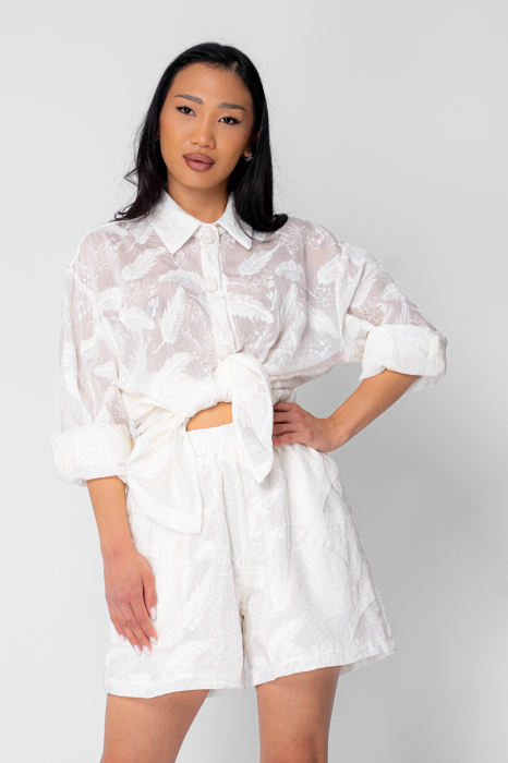 Set Camasa maneca lunga  cu broderie si pantalon scurt White [2]
