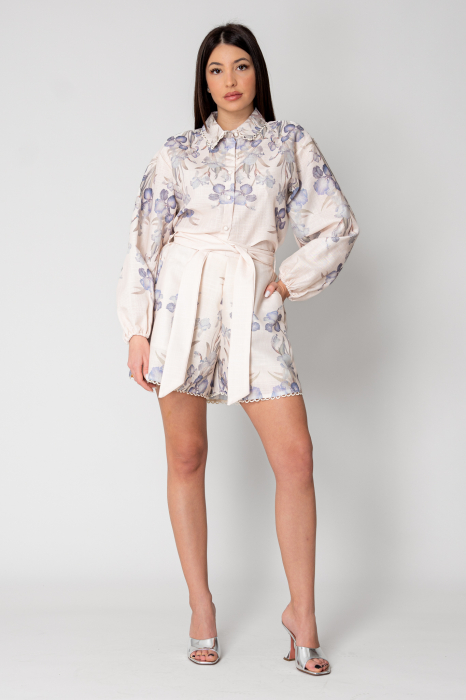 Set Camasa maneca lunga si pantalon scurt Flower Off White/Blue [2]