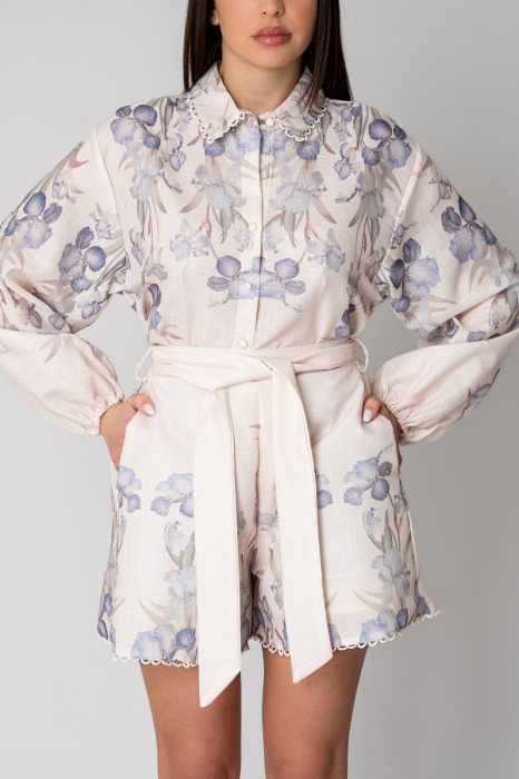 Set Camasa maneca lunga si pantalon scurt Flower Off White/Blue [6]