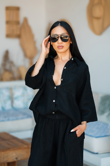100% Cotton Shirt and Long Pants Set in Black [4]