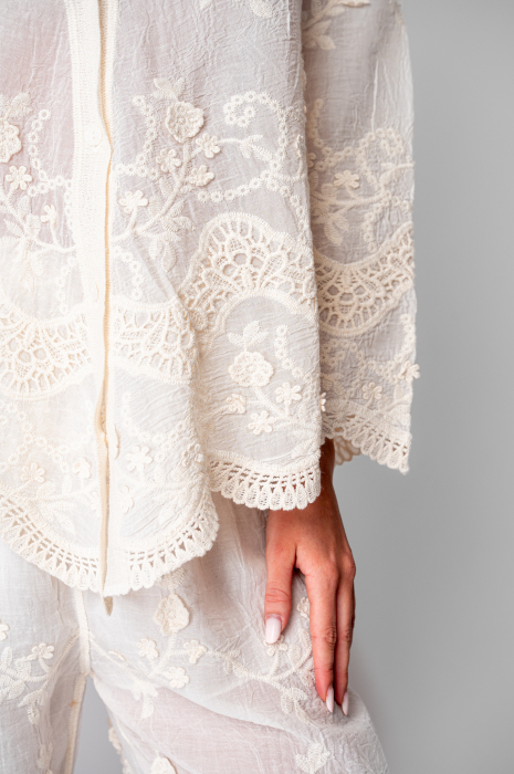 Set Camasa si Pantalon lung cu broderie Cream [6]