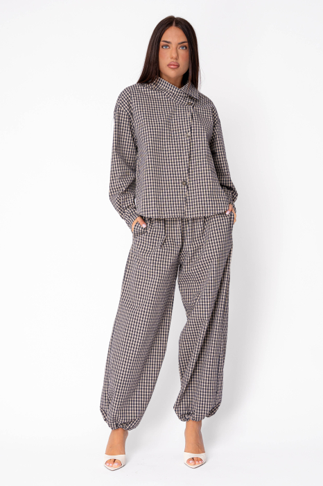 Set Camasa si Pantalon lung bufant in carouri Beige Navy