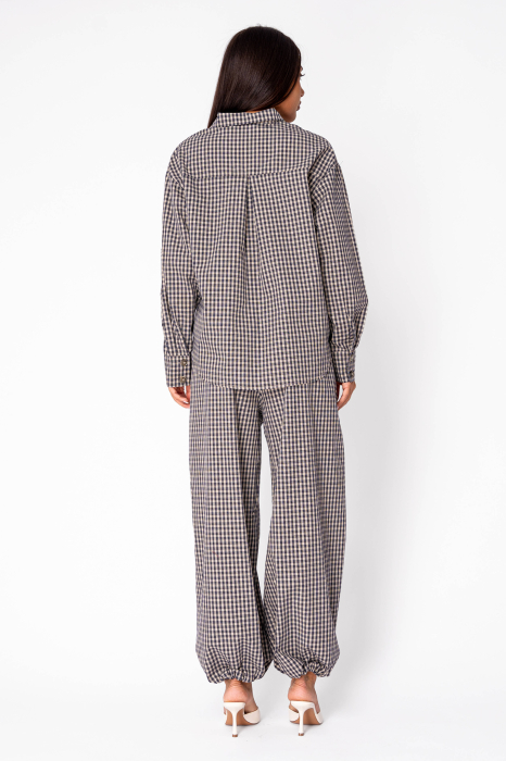 Set Camasa si Pantalon lung bufant in carouri Beige/Navy [3]