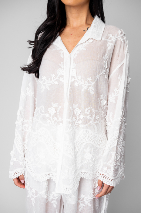 Set Camasa si Pantalon lung cu broderie White [4]