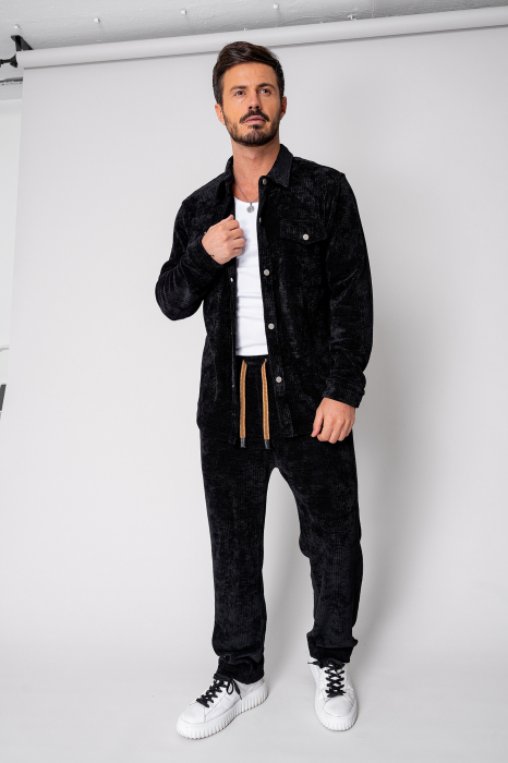Set Camasa si pantalon lung din reiat catifelat Black [1]