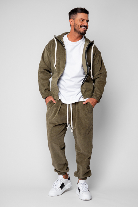 Set Hanorac cu fermoar si Pantalon Lung din reiat Corduroy Dark Olive [4]