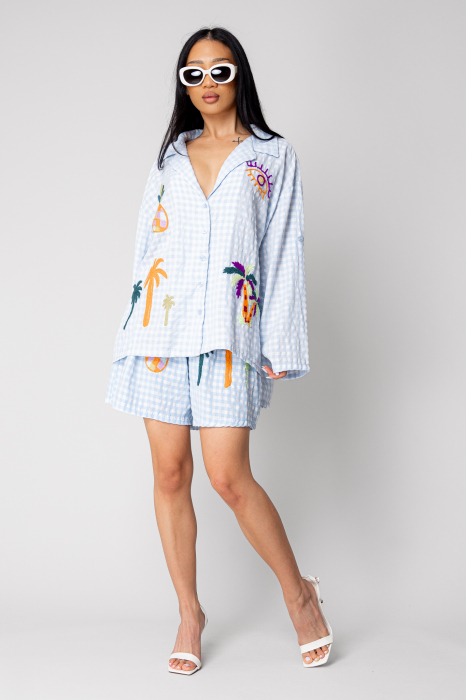 Shirt and shorts set with colorful embroidery, Light Blue [2]