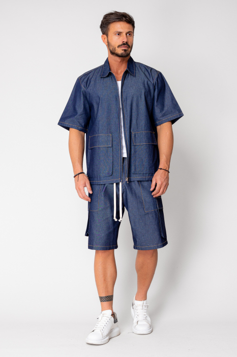 Dark Blue denim shirt and shorts set [2]