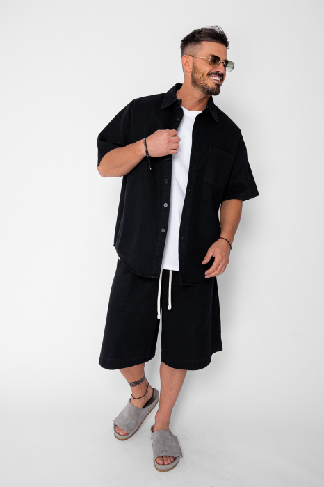Set camasa si pantalon scurt din denim Oversized Black [4]