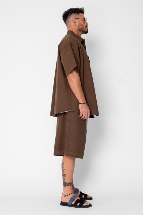 Set camasa si pantalon scurt din denim Oversized Brown [3]