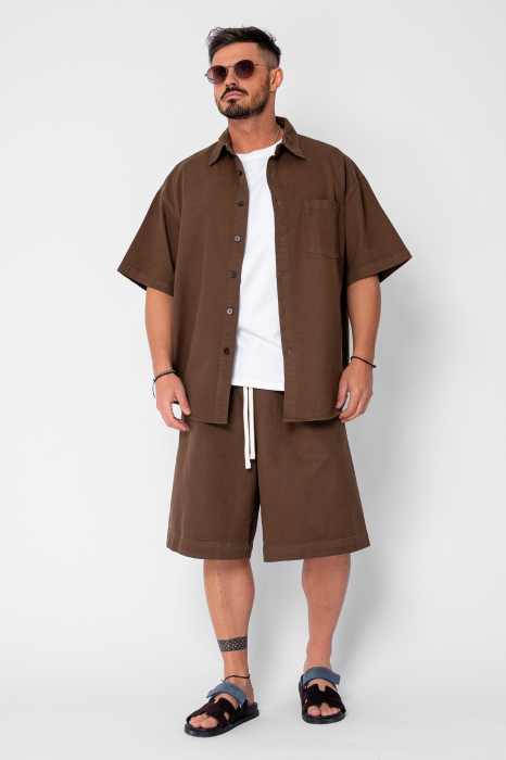 Set camasa si pantalon scurt din denim Oversized Brown [2]
