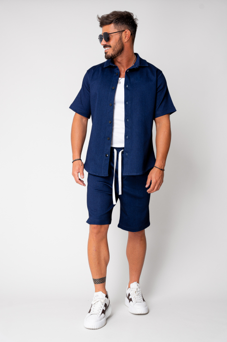 Set camasa si pantalon scurt din denim Premium Edition Dark Blue [2]