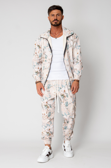 Set Hanorac cu fermoar si Pantalon lung cargo din reiat flower Cream [2]