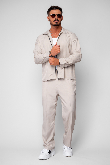Cream Zippered Jacket and Long Trousers Set [2]