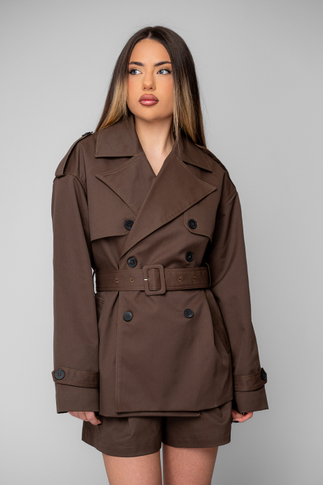 Oversized Jacket with Drawstring and Brown Shorts Set [2]