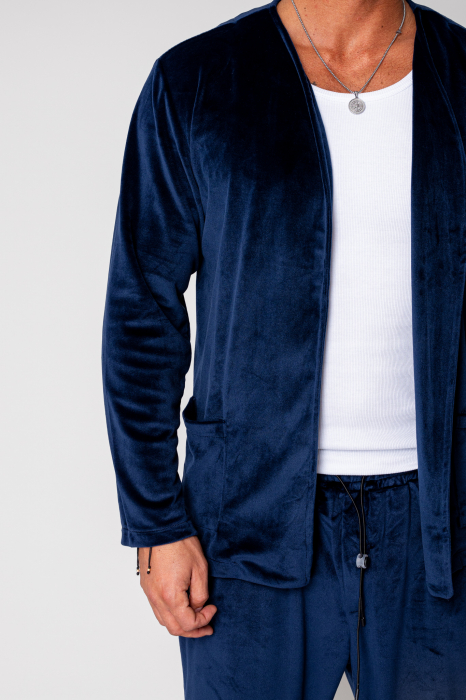 Set Jacheta tip kimono si pantalon lung din catifea Navy [5]
