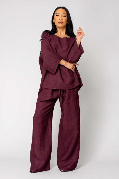Set Kalie Blouse and long Pants100%  Linen Burgundy [2]
