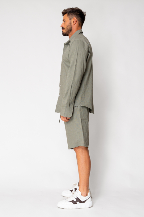 Set Lino 100% In camasa si pantalon scurt Dark Olive [2]