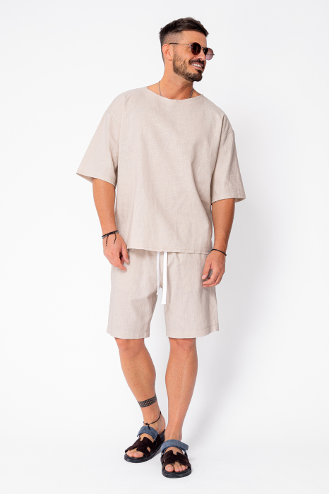 Set Lino 100% In Tricou si pantalon scurt Light Beige Premium Edition New [2]