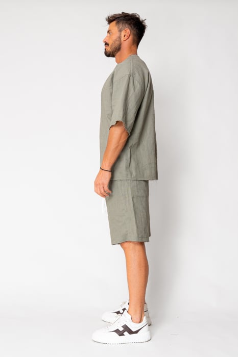 Set Lino 100% Linen t-shirt and short pants Dark Olive [3]