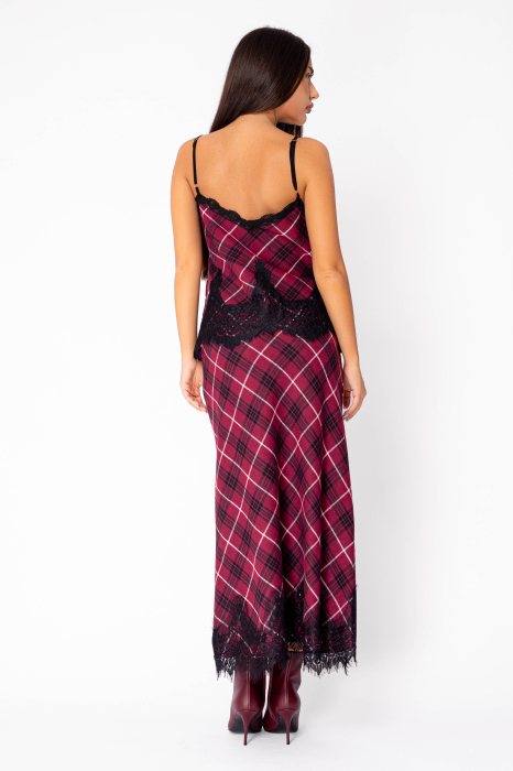 Set maiou si fusta lunga cu dantela in carouri Burgundy [3]