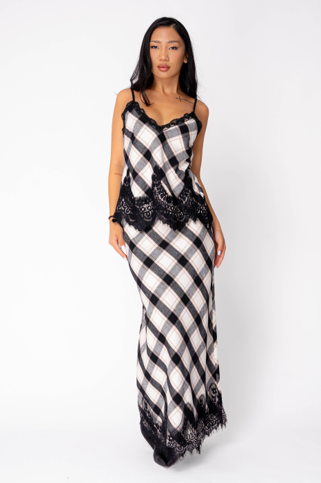 Set maiou si fusta lunga cu dantela in carouri Off White Black