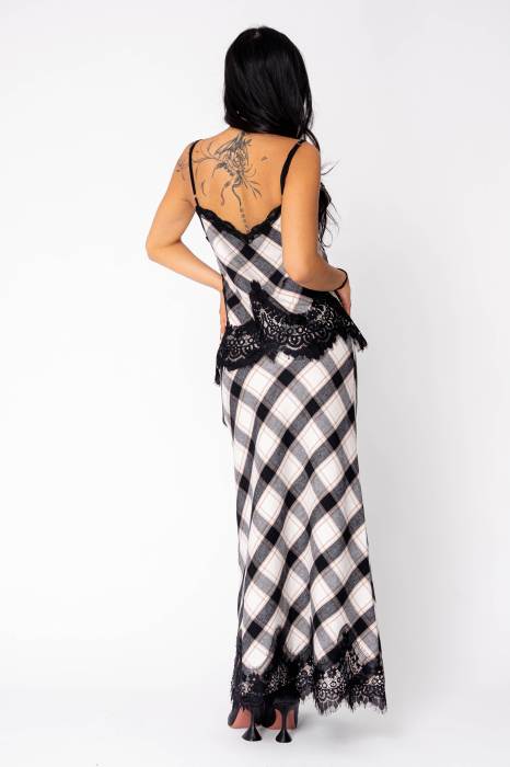 Set maiou si fusta lunga cu dantela in carouri Off White/Black [3]