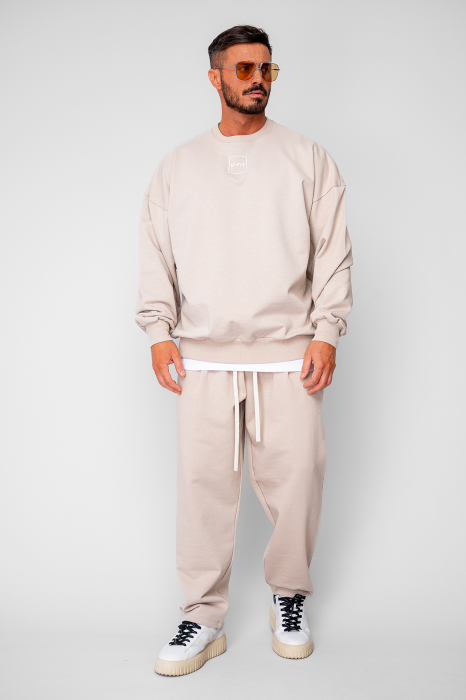 Set Oversized Bluza si pantalon drept din 100% Bumbac - 400gr/mp Premium Edition Beige [2]
