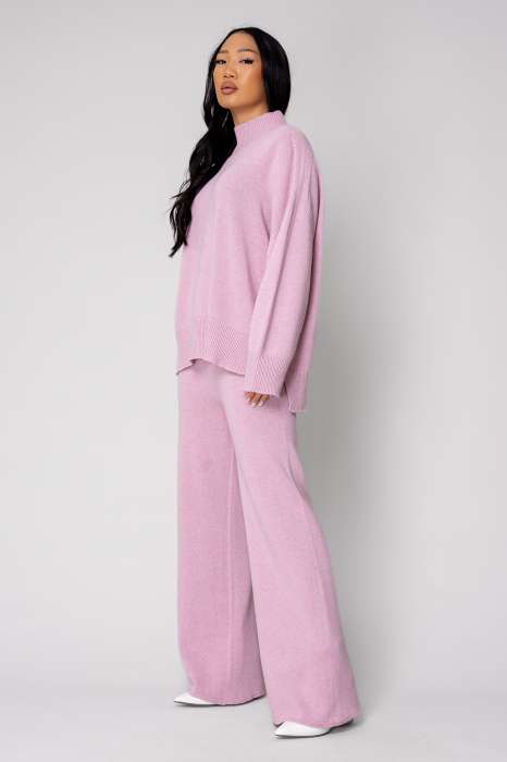 Set Pulover cu guler inalt si Pantalon lung mix de lana si casmir Pink [2]