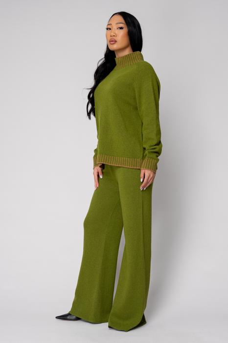 Set Pulover cu guler inalt si Pantalon lung mix de lana si casmir Green [2]
