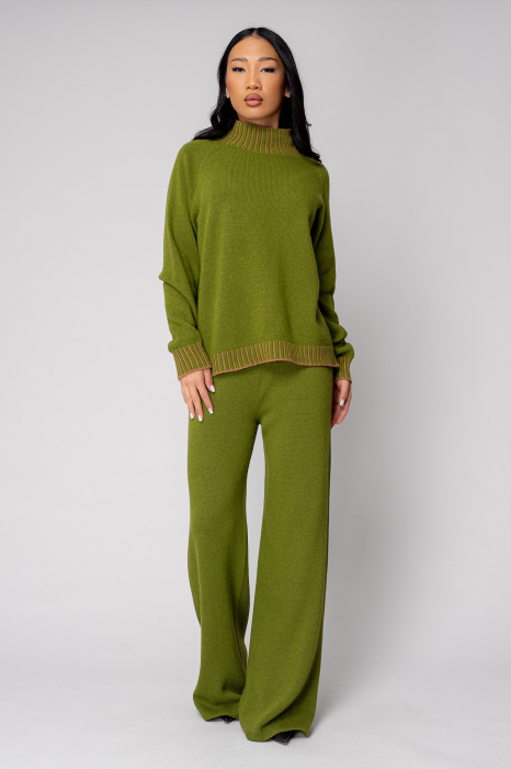 Set Pulover cu guler inalt si Pantalon lung mix de lana si casmir Green [1]
