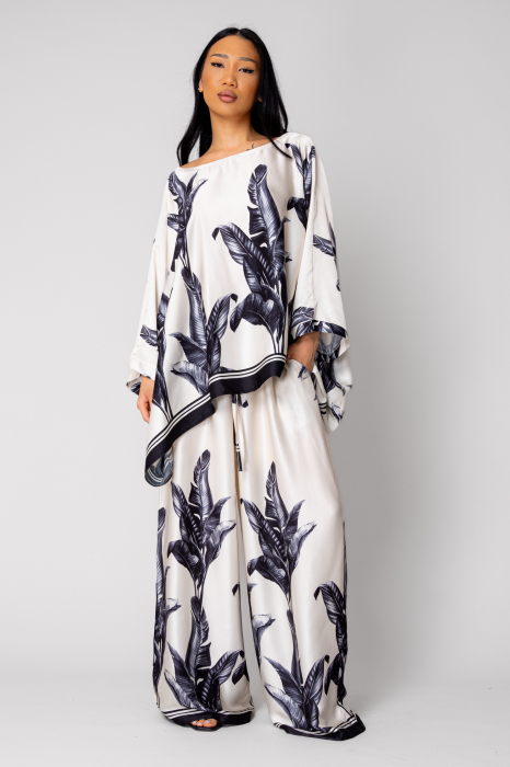 Set Shells Blouse and long pants in Off White/ Black silk mix [2]