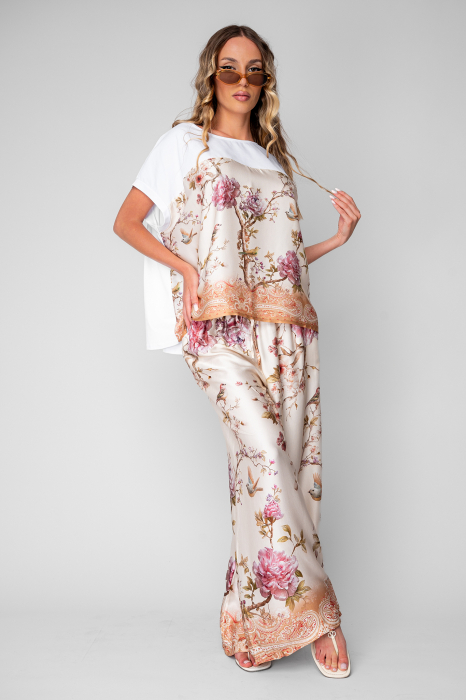Set Shells Tricou si pantalon lung din mix matase Off White/Rose [3]